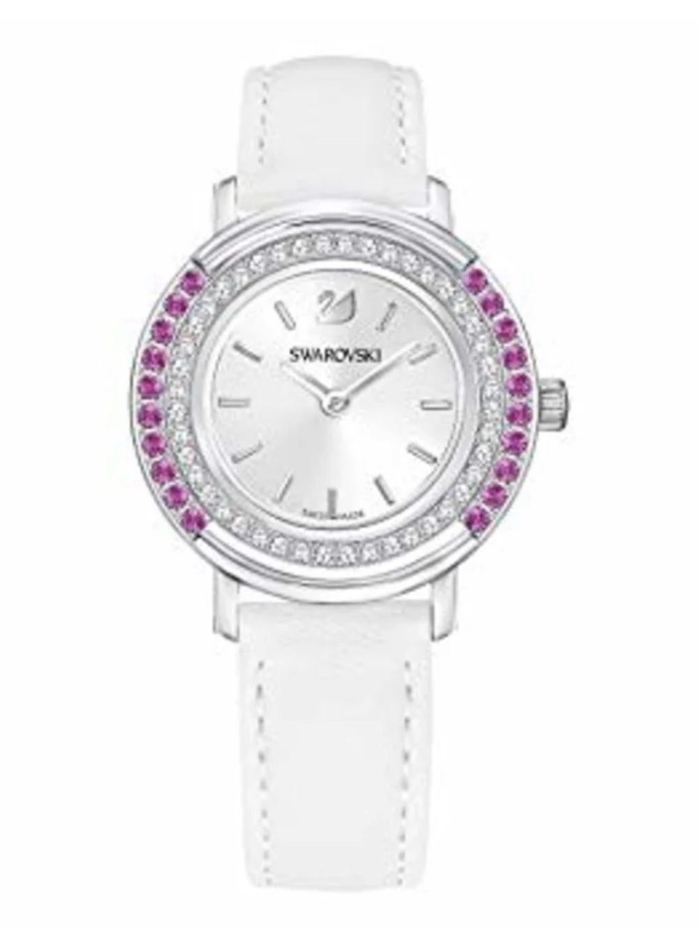 Swarovski White Leather Strap Watch with Pink/White Crystals & Twisting Bezel